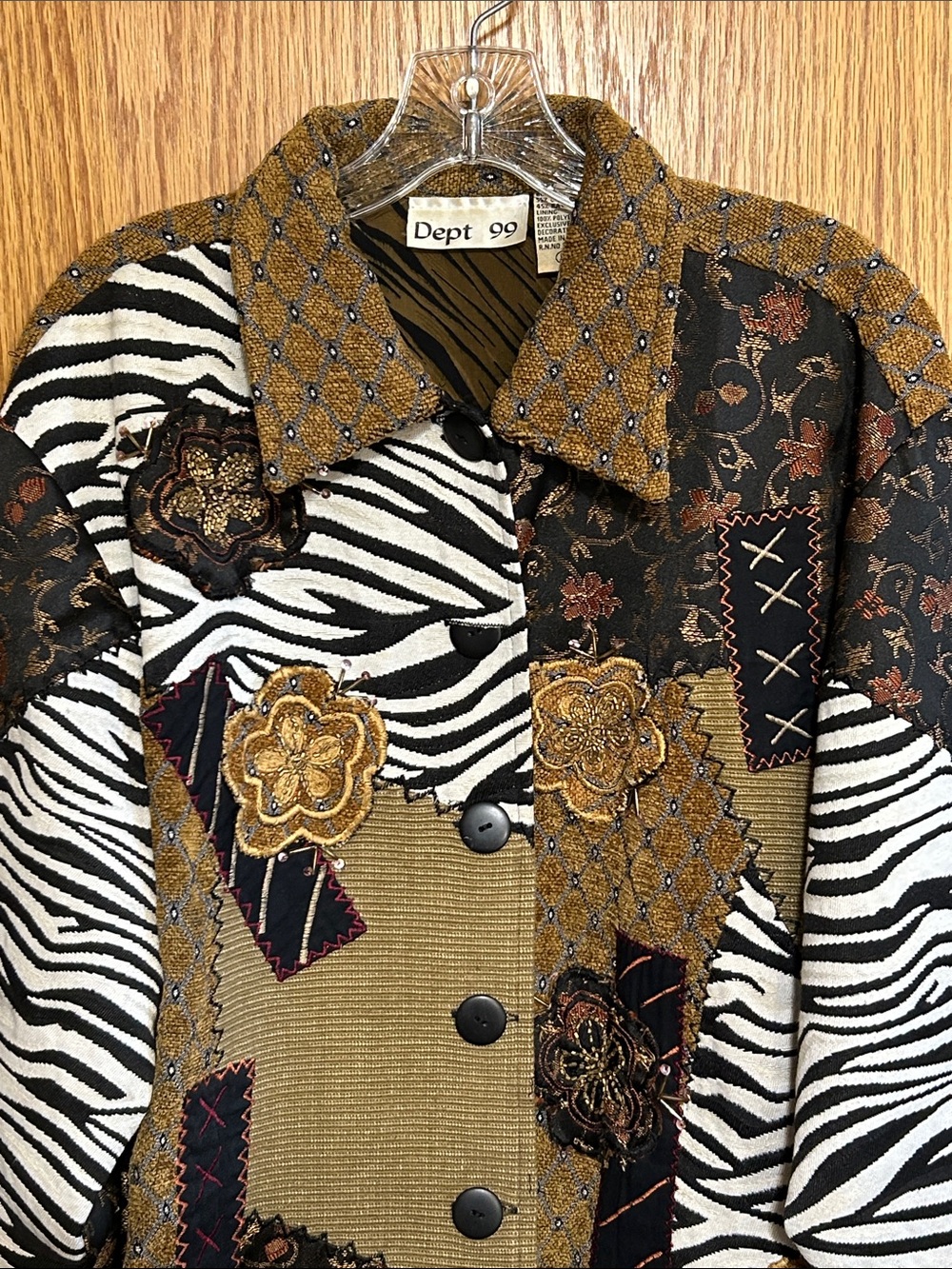 Dept 99 Jacket Womens medium Zebra brown Patchwork Button Front Lined statement